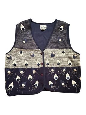Tantrums Navy and Cream Embroidered V-Neck Sweater Vest